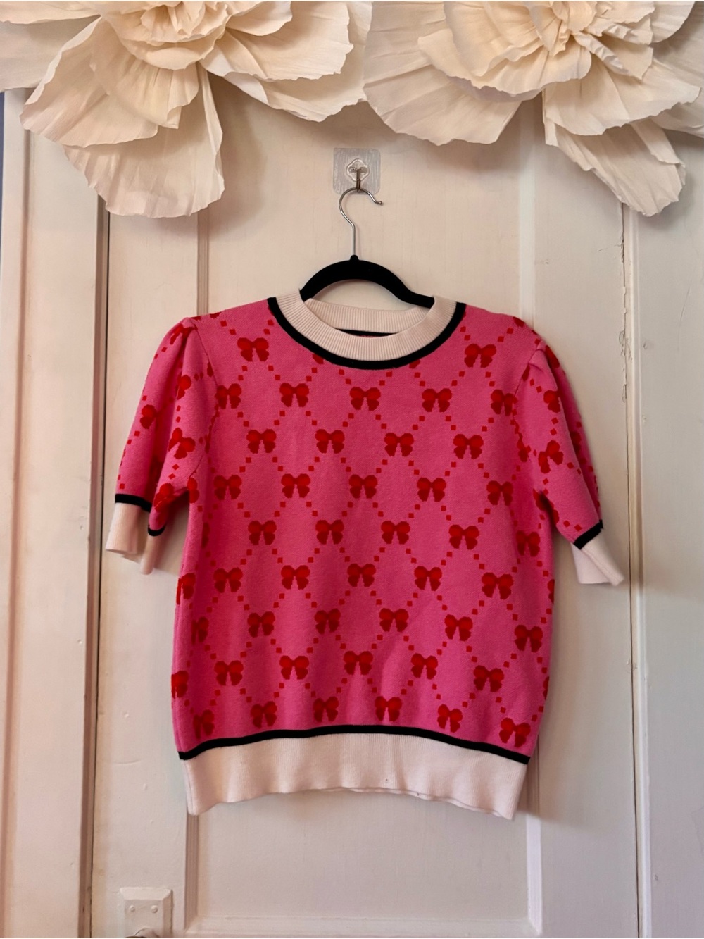 Pink & Red Bow Knit Top - Brand Unspecified